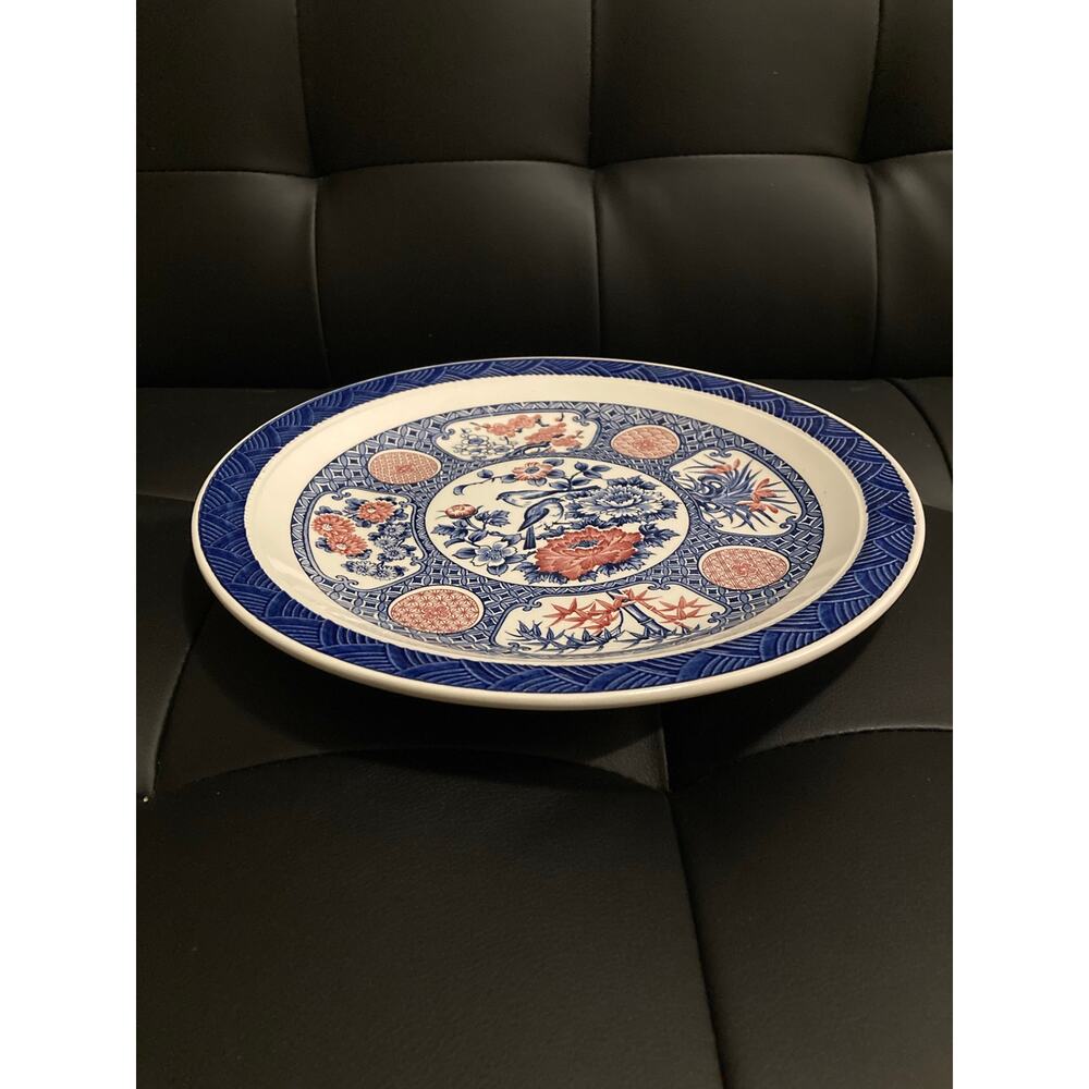 Vintage Toyo 12” Porcelain Platter Plate Cobalt White Red Chrysanthemum Japan